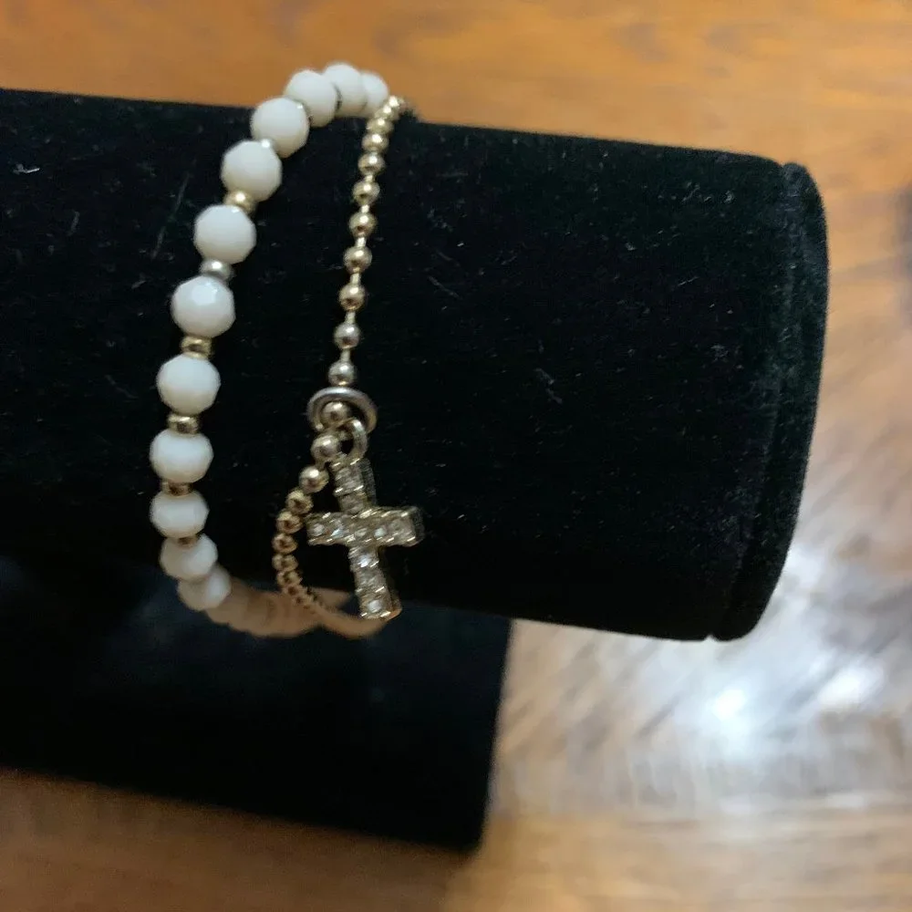 2 Stranded Gold and White beaded cross bracelet